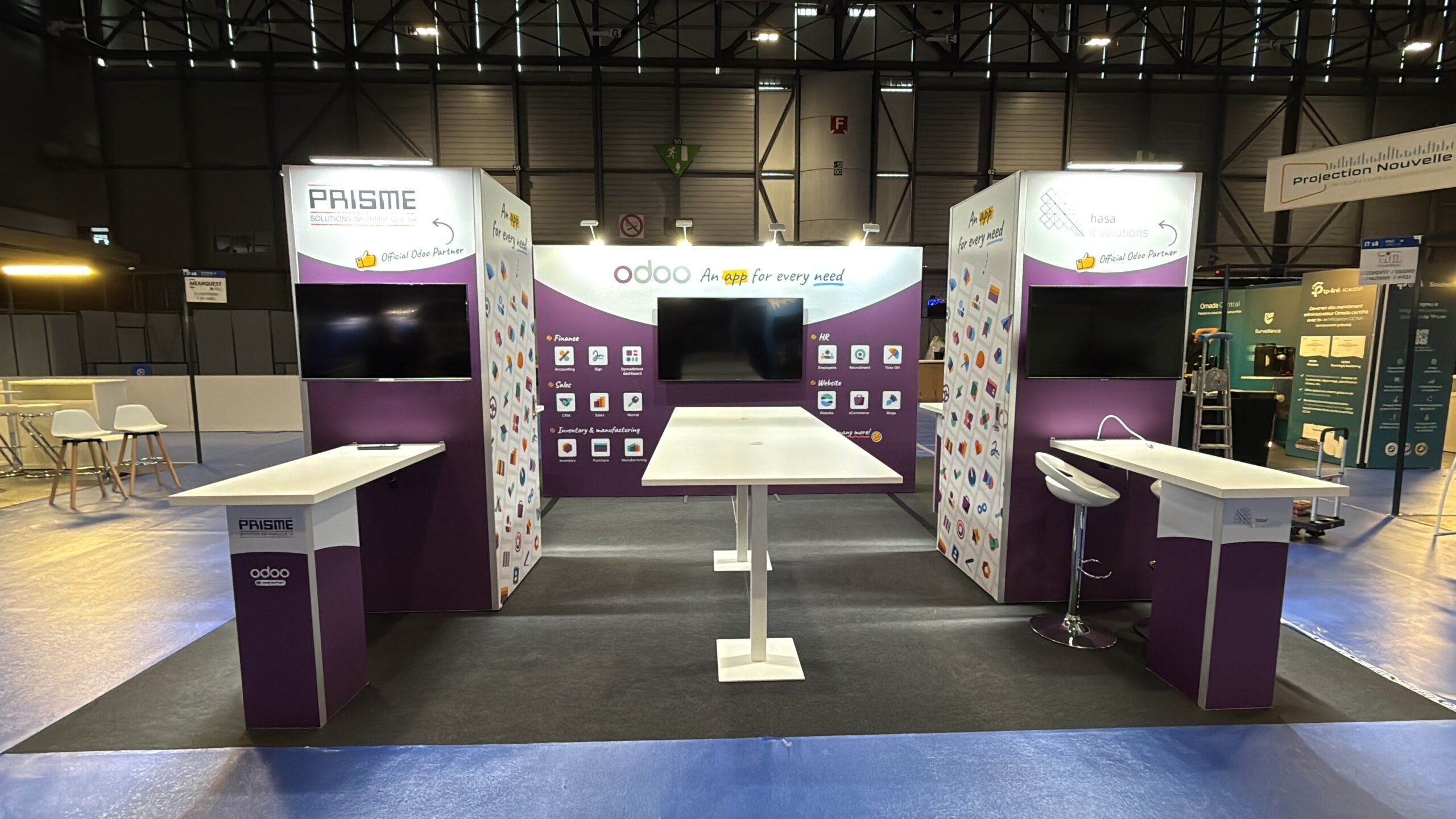 Stand Odoo Camptocamp SITF Genève 2025 _6x6m 4 partenaires en ilot_verso Stand d'exposition à Palexpo pour Odoo